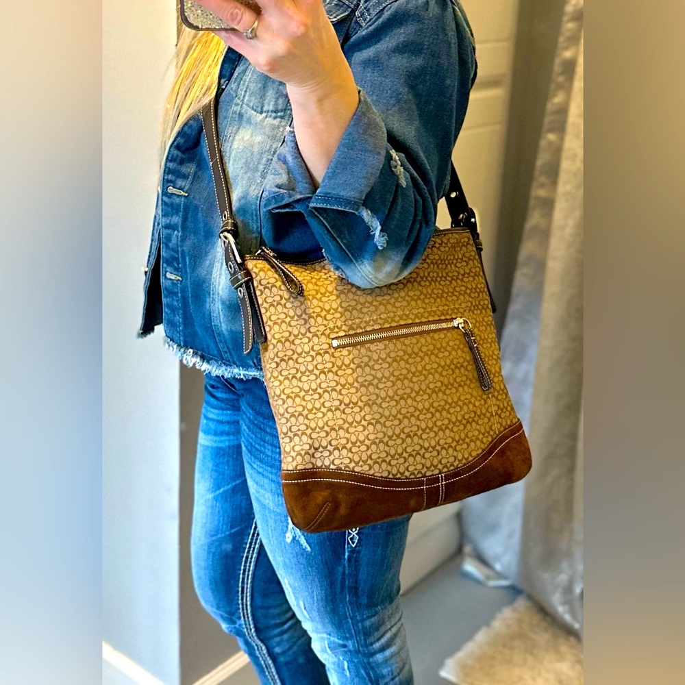 Coach Purse Small print Tote, Bag, crossbody Suede Leather